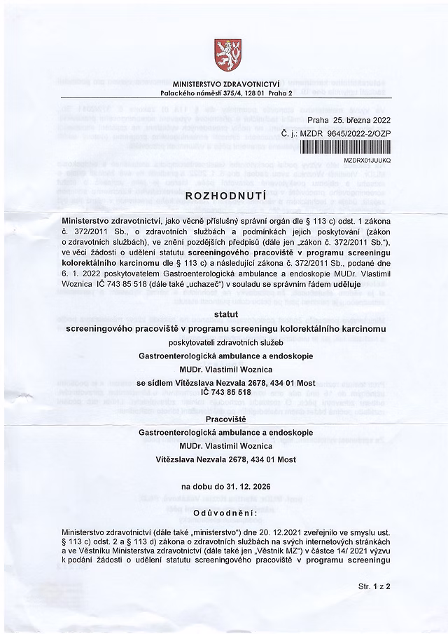 Centrum pro screening kolorektálního karcinomu — osvědčení 1